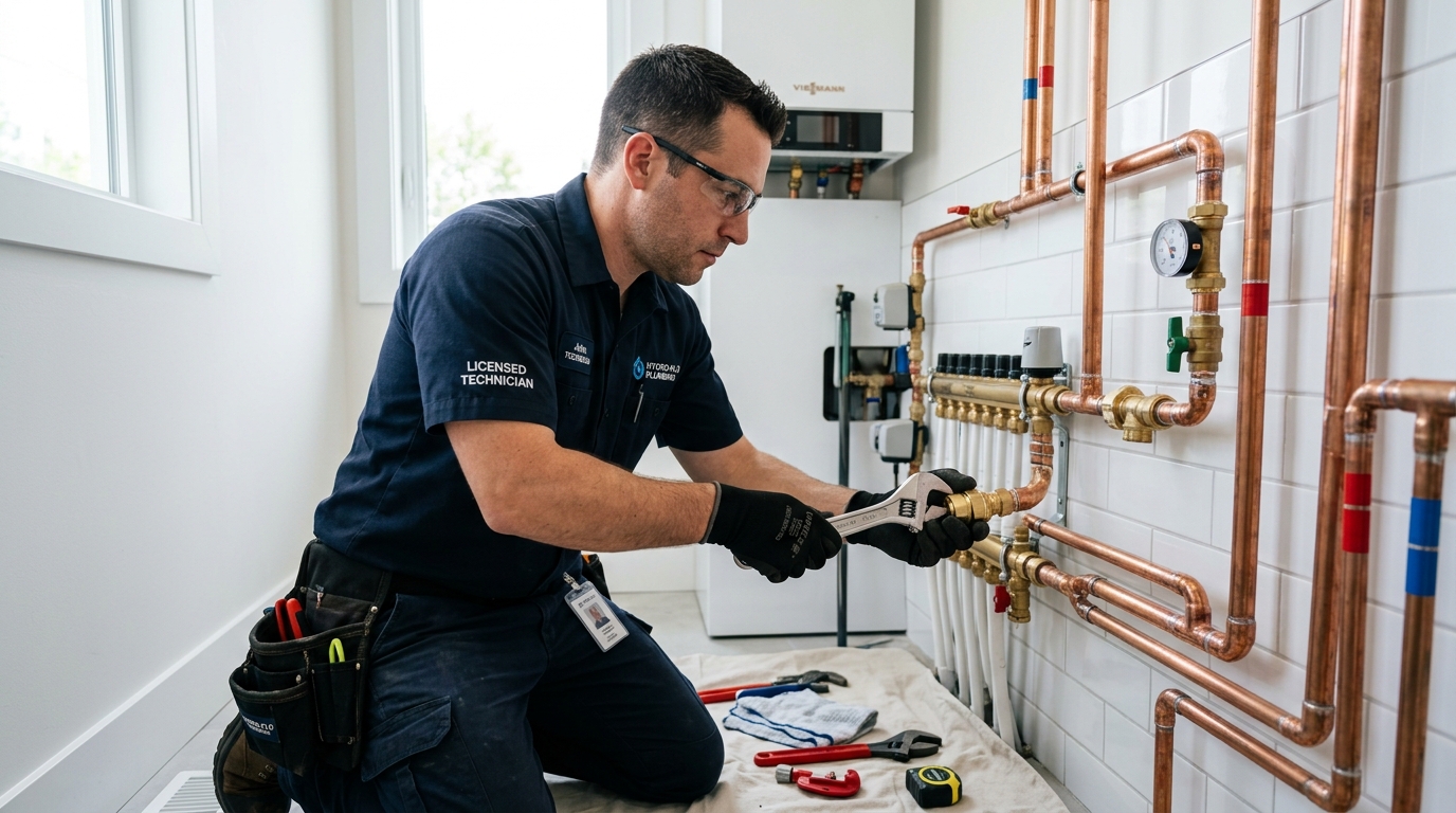 Professional plumbing technician working on copper pipe installation in Los Angeles