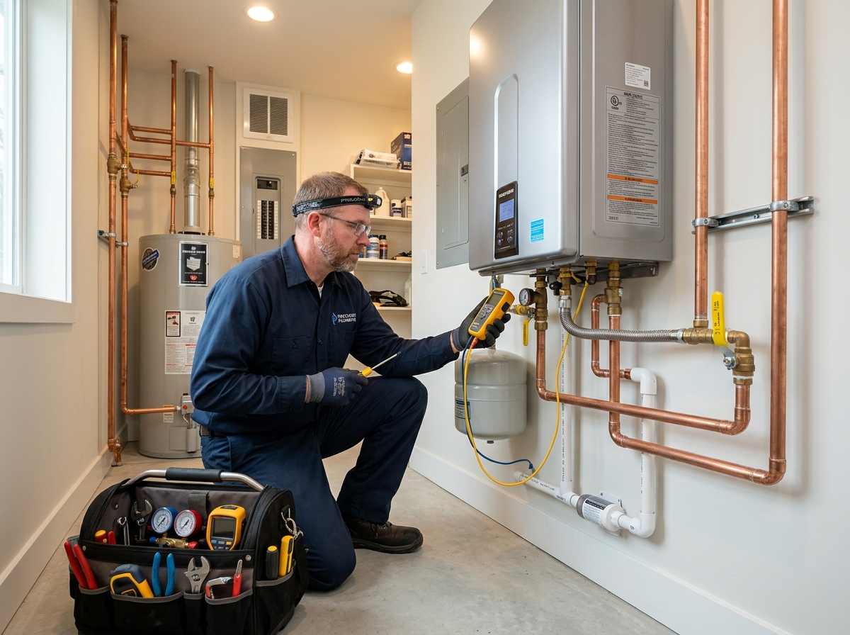Plumbing technician performing precise water heater and pipe maintenance